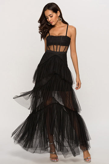 Black Corset Asymmetrical Tulle Long Ball Dress